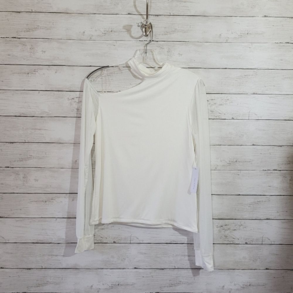 Women’s Small One Shoulder Fitted Top Sexy Sheer Chiffon Sleeve Blouse NWT - Picture 2 of 14